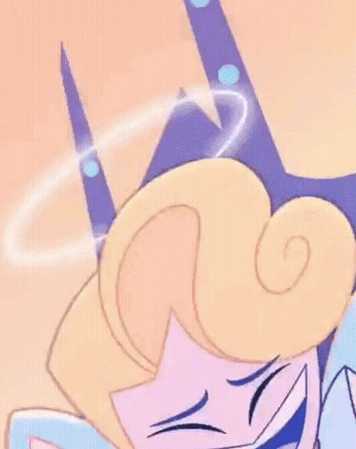 A Cartoon Character Is Laughing With A Sword In Her Hair . GIF