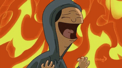 A Cartoon Character Is Laughing With His Mouth Open In Front Of A Fire . GIF