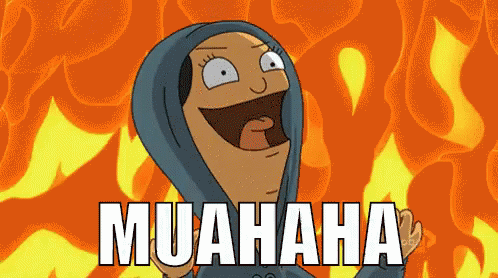 A Cartoon Character Is Laughing With The Words Muahaha In Front Of A Fire Background GIF