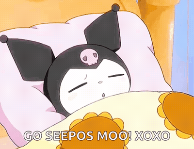 A Cartoon Character Is Laying In A Bed With The Words `` Go Seepos Moo ! Xoxo '' . GIF
