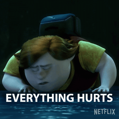 A Cartoon Character Is Laying In The Water With The Words " Everything Hurts " Written Above Him GIF