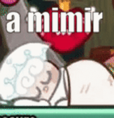 A Cartoon Character Is Laying On A Bed With A Heart In The Background And The Words `` A Mimir '' Written On It . GIF