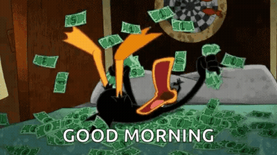A Cartoon Character Is Laying On A Bed With A Pile Of Money . GIF