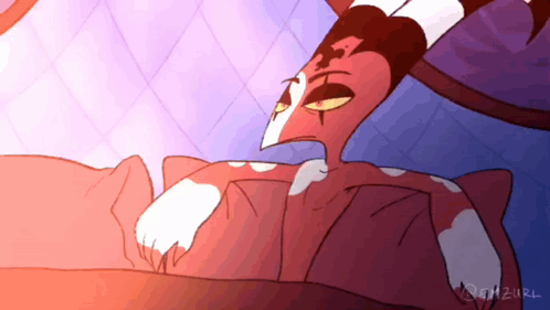 Cartoon Character Lying On Bed With Purple Blanket GIF
