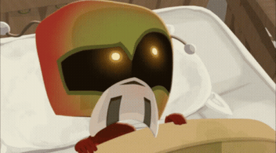 A Cartoon Character Is Laying On A Bed With A White Blanket GIF