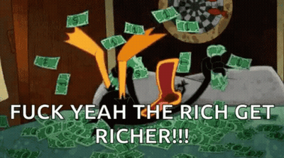 A Cartoon Character Is Laying On A Bed With Money Flying Around Him . GIF