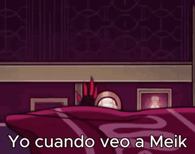 A Cartoon Character Is Laying On A Bed With The Words `` Yo Cuando Veo A Meik '' . GIF