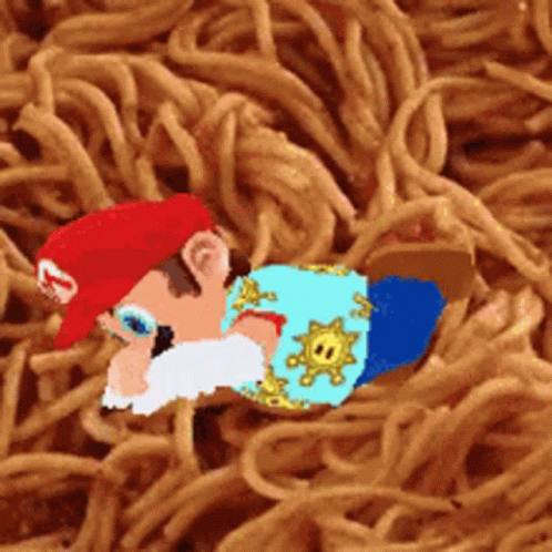 A Cartoon Character Is Laying On A Pile Of Noodles . GIF