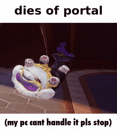 A Cartoon Character Is Laying On The Floor With The Caption Dies Of Portal ( My Pc Cant Handle It Pls Stop ) GIF