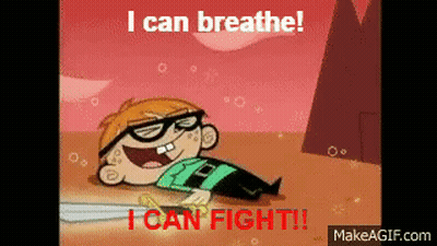 A Cartoon Character Is Laying On The Ground With A Sword And The Words `` I Can Breathe '' And `` I Can Fight '' GIF