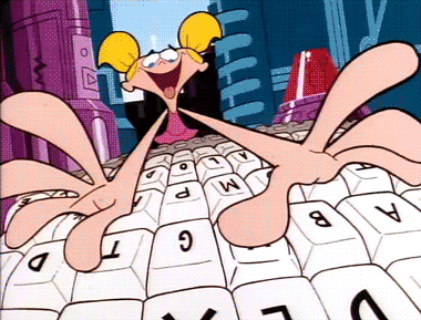 A Cartoon Character Is Laying On Top Of A Keyboard With The Letters A B C And D Visible GIF