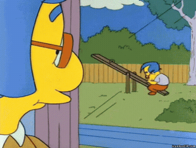A Cartoon Character Is Looking At A Boy On A Seesaw .. GIF