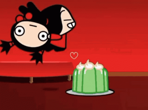 A Cartoon Character Is Looking At A Cake With A Heart On It GIF