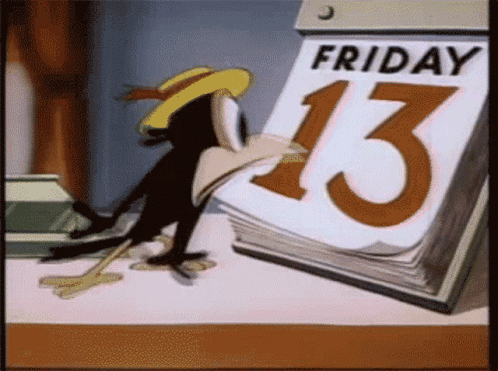 A Cartoon Character Is Looking At A Calendar That Says Friday 13 GIF