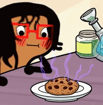 A Cartoon Character Is Looking At A Cookie On A Plate Next To A Bong GIF