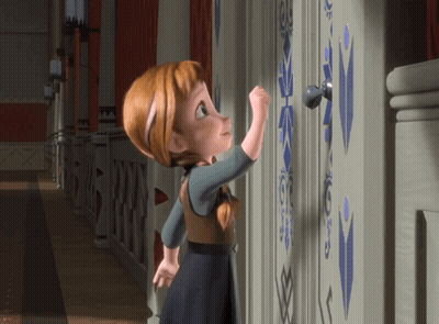 A Cartoon Character Is Looking At A Door With A Snowflake Design On It GIF