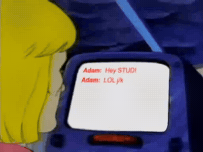 A Cartoon Character Is Looking At A Screen That Says Adam Hey Stud Adam Loljx GIF