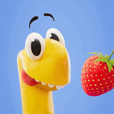 A Cartoon Character Is Looking At A Strawberry With A Blue Background GIF