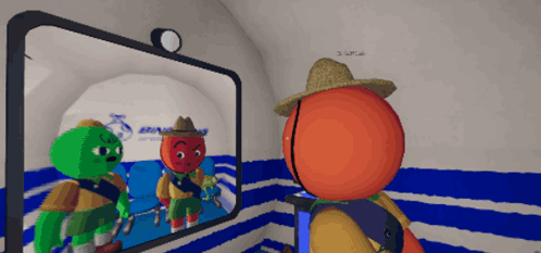 A Cartoon Character Is Looking At Himself In The Mirror GIF