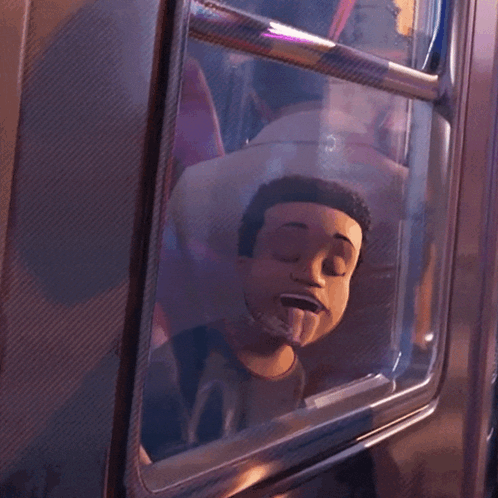 A Cartoon Character Is Looking Out A Window With His Mouth Open GIF