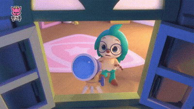 A Cartoon Character Is Looking Through A Telescope With A Pink Cat On The Bottom Right GIF