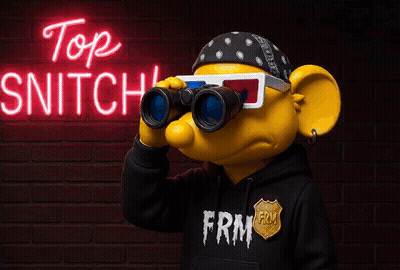 A Cartoon Character Is Looking Through Binoculars In Front Of A Top Snitch Neon Sign GIF