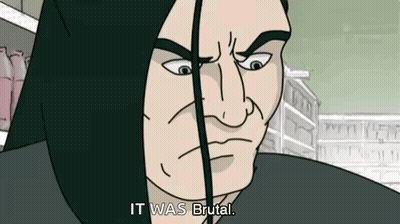 A Cartoon Character Is Making A Funny Face And Saying `` It Was Brutal '' In Front Of A Store . GIF
