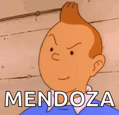 A Cartoon Character Is Making A Funny Face And The Word Mendoza Is On His Chest . GIF