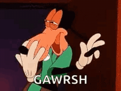 A Cartoon Character Is Making A Peace Sign With His Hands And The Words `` Gawrsh '' Written Below Him . GIF