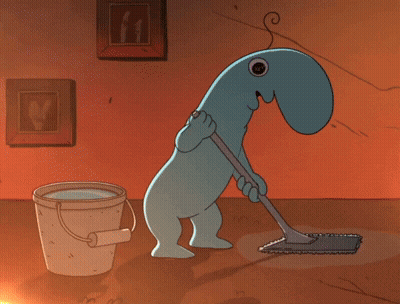 A Cartoon Character Is Mopping The Floor With A Bucket In The Background GIF