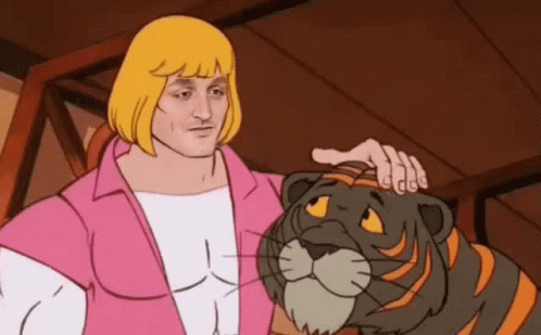 A Cartoon Character Is Petting A Tiger 'S Head . GIF