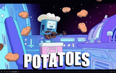 A Cartoon Character Is Playing A Guitar And The Words Potatoes Are Below Him GIF