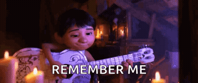 A Cartoon Character Is Playing A Guitar In A Dark Room With Candles And The Words `` Remember Me '' . GIF