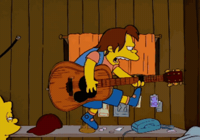 A Cartoon Character Is Playing A Guitar In A Room With A Towel That Says ' I 'M Sorry ' GIF