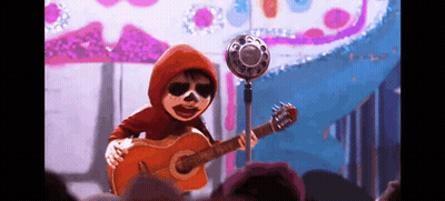 A Cartoon Character Is Playing A Guitar In Front Of A Crowd . GIF