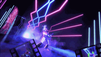 A Cartoon Character Is Playing A Guitar On A Stage With Neon Lights Behind Her . GIF