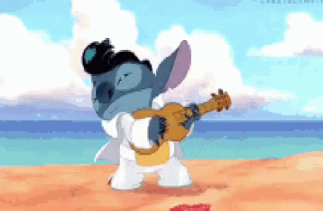 A Cartoon Character Is Playing A Guitar On The Beach GIF