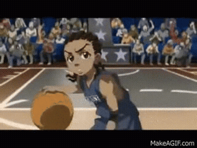 A Cartoon Character Is Playing Basketball On A Court With A Crowd Watching . GIF
