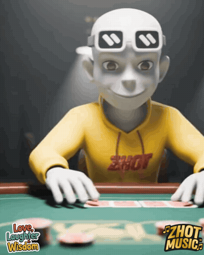 A Cartoon Character Is Playing Poker With The Words Love Laughter Wisdom In The Corner GIF