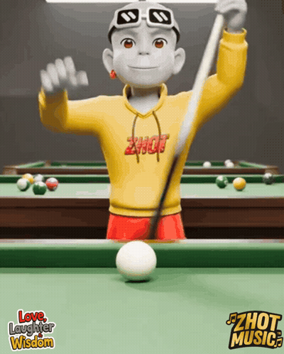 A Cartoon Character Is Playing Pool And The Words Love Laughter Wisdom Are Below Him GIF
