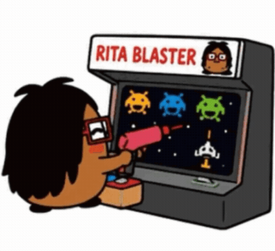 A Cartoon Character Is Playing Rita Blaster On A Video Game Machine GIF