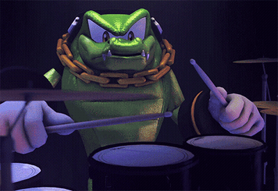 A Cartoon Character Is Playing The Drums With A Chain Around Its Neck GIF