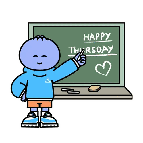 A Cartoon Character Is Pointing At A Chalkboard That Says Happy Thursday Sticker