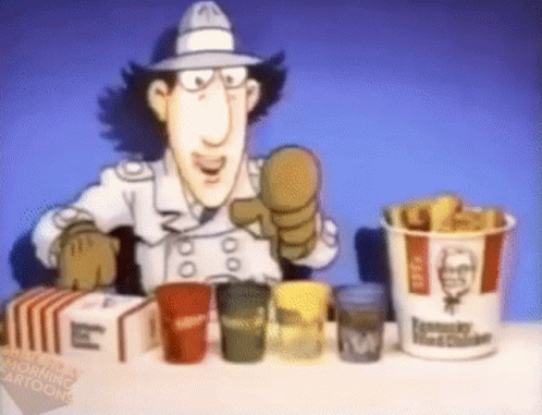 A Cartoon Character Is Pointing At A Kfc Bucket Of Fried Chicken GIF