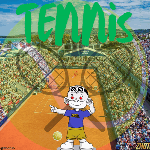 A Cartoon Character Is Pointing At A Tennis Court With The Word Tennis Written In Green GIF