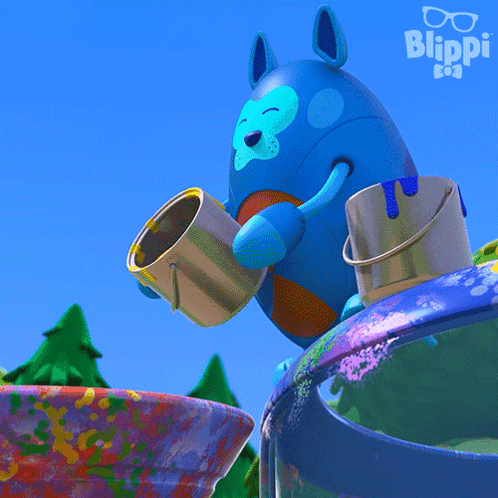 A Cartoon Character Is Pouring Yellow Paint Into A Bowl With The Word Blippi On The Bottom Right GIF