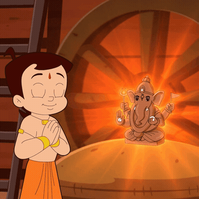 A Cartoon Character Is Praying In Front Of A Statue Of A Elephant GIF