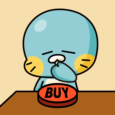 A Cartoon Character Is Pressing A Buy Button On A Table GIF