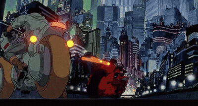 A Cartoon Character Is Riding A Motorcycle In A Futuristic City At Night GIF
