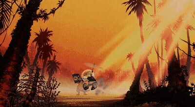 A Cartoon Character Is Riding A Motorcycle Through A Tropical Landscape GIF